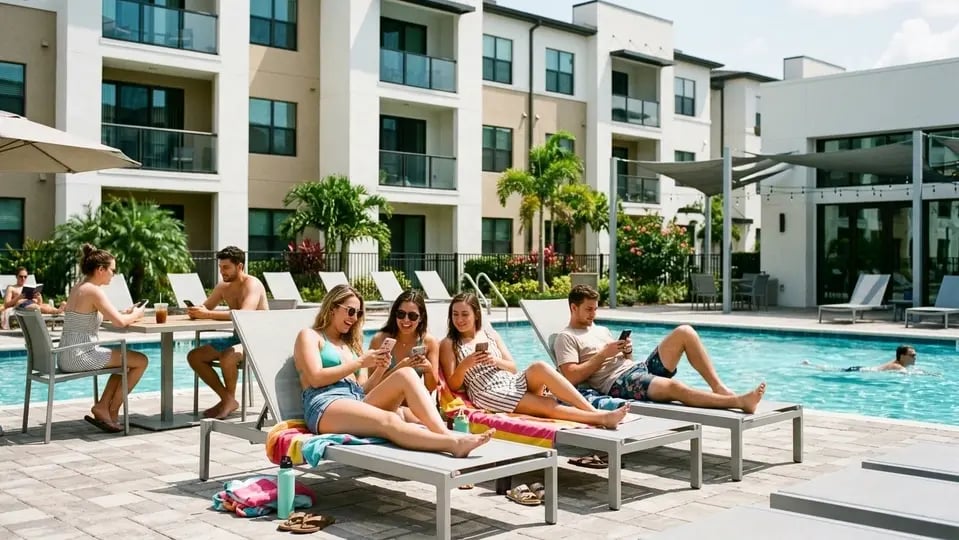 Residents using phones by apartment pool